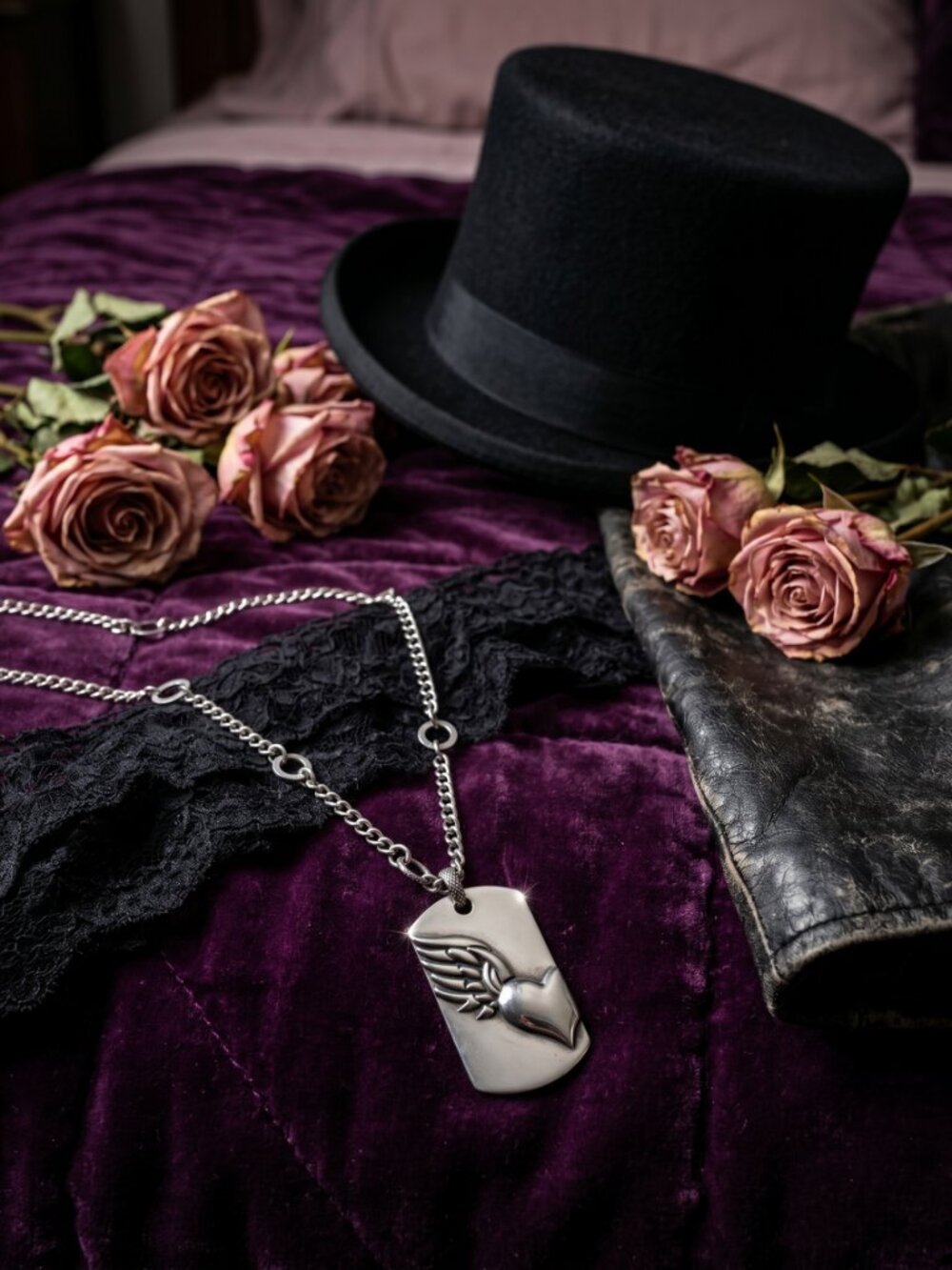Unique Vintage Silver Angel Wing Wild Heart Dog Tag Pendant Chain LOVE Necklace